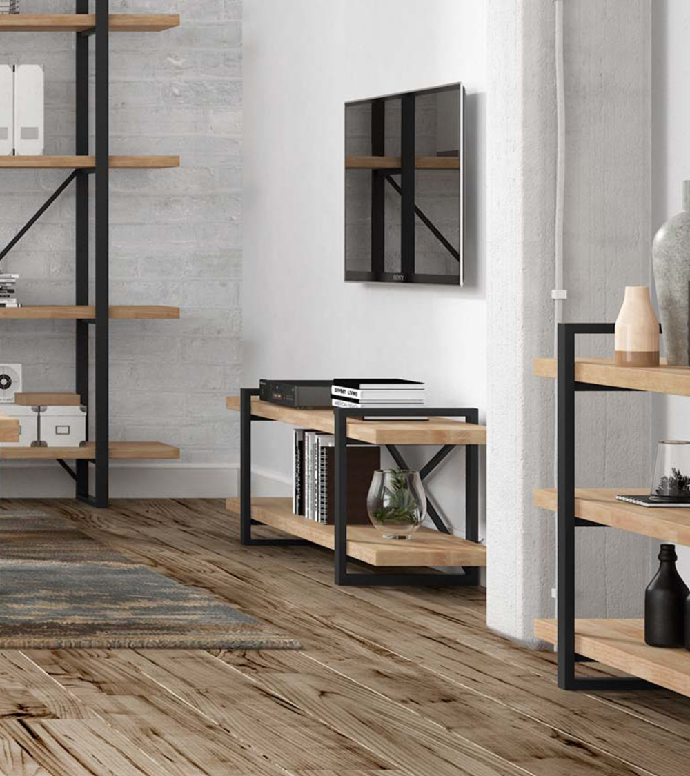 Mueble TV Chic – Diseño moderno con madera de roble y estructura metálica Mueble TV Chic – Diseño moderno con madera de roble y estructura metálica