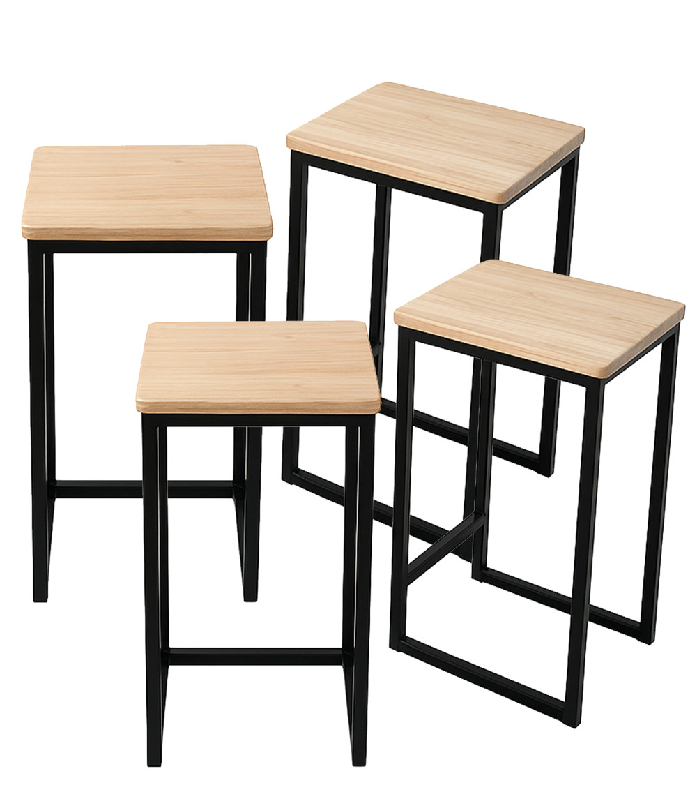 Pack Degano – Mesa alta y 4 taburetes en metal negro y roble