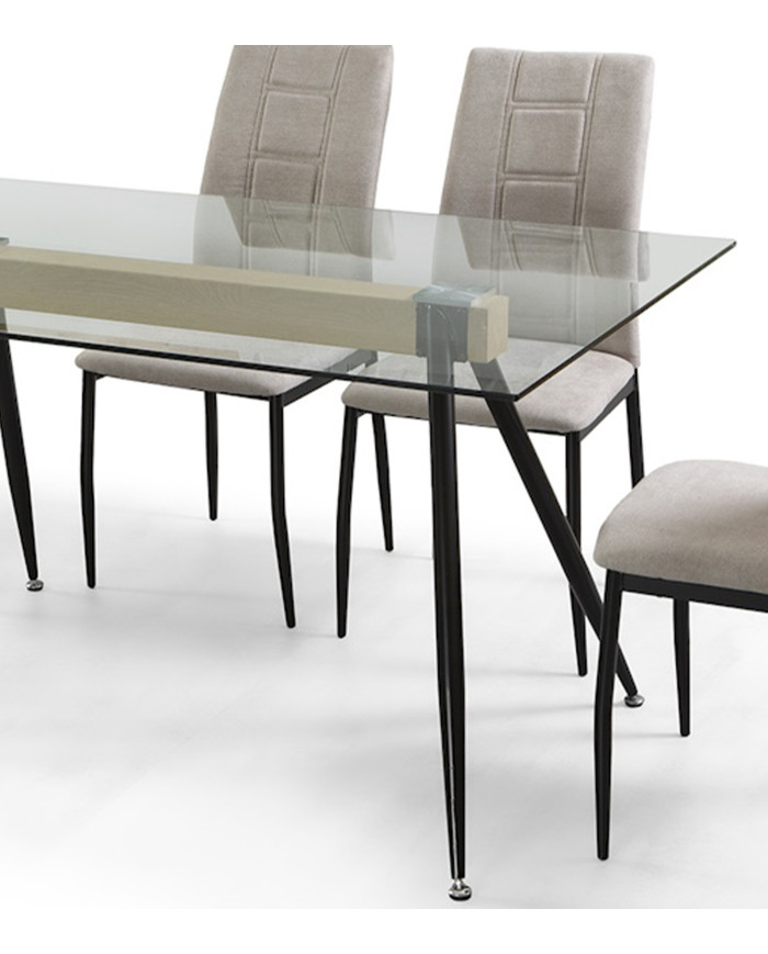 Mesa de Comedor Marama – Cristal templado, roble y metal negro