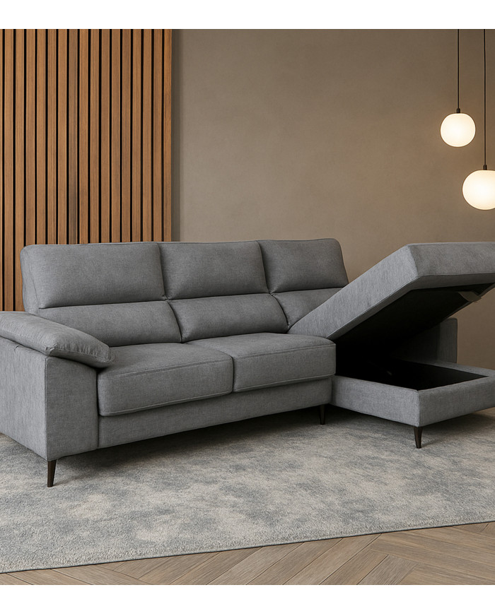 Sofá Chaise Longue Vis – Con arcón, asientos extraíbles y respaldos reclinables