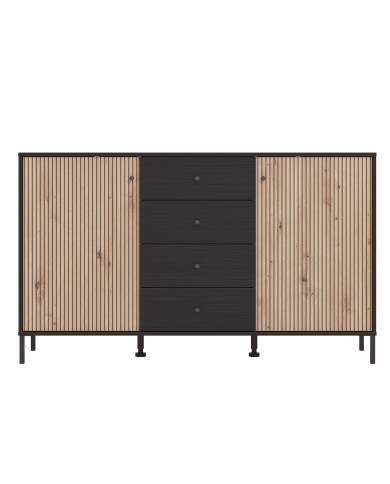 Aparador Tania con 2 puertas y 4 cajones – Acabado ébano y roble artisán