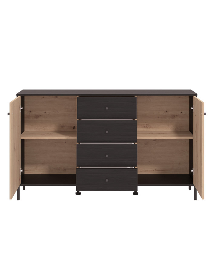 Aparador Tania con 2 puertas y 4 cajones – Acabado ébano y roble artisán