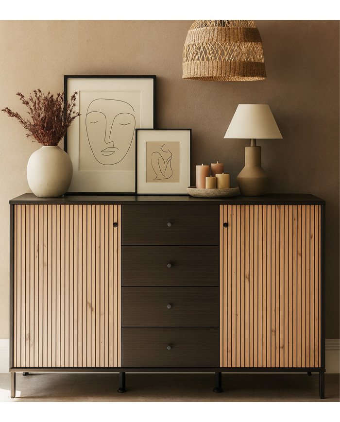 Aparador Tania con 2 puertas y 4 cajones – Acabado ébano y roble artisán