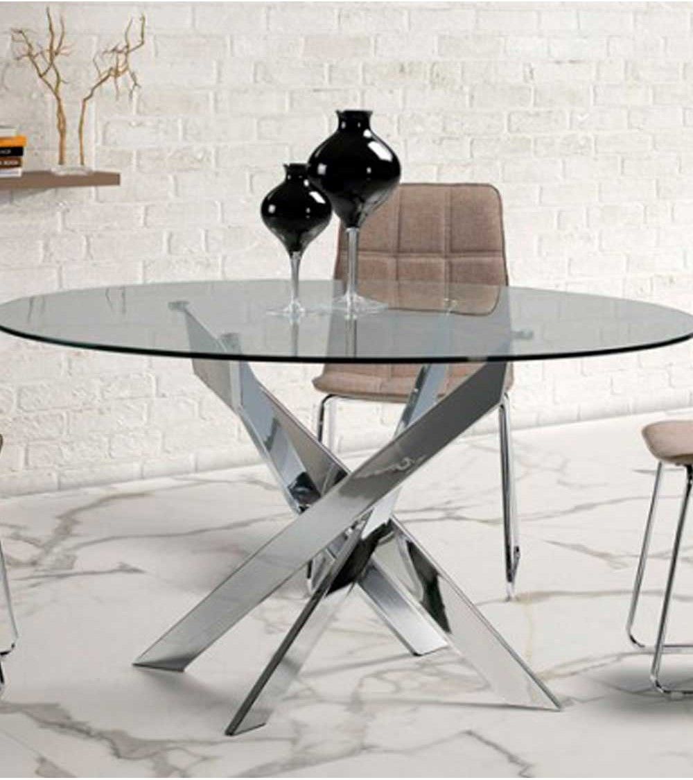 Mesa comedor redonda de cristal DAN patas cruzadas