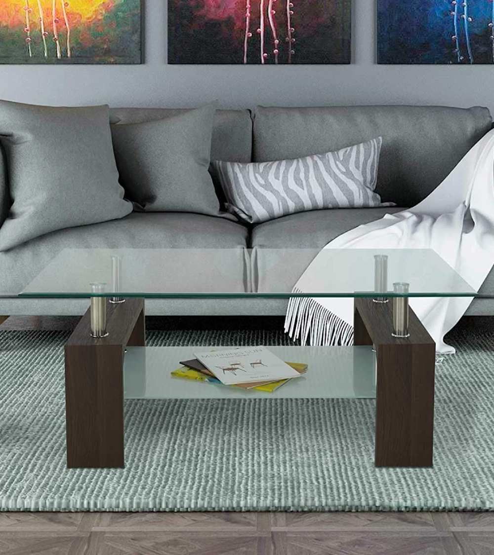 Mesa de centro Kendra - Mesa de centro de cristal y madera Mesa de centro Kendra - Mesa de centro de cristal y madera